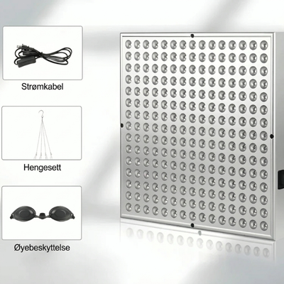 NordCura™ LightPanel 225 – LED-panel for rødlysbehandling med 225 dioder, 660 nm og 850 nm infrarød lysbehandling. Aluminiumpanel på 31×31 cm med strømkabel, opphengssett og øyebeskyttelse. Profesjonell rødlysbehandling hjemme.