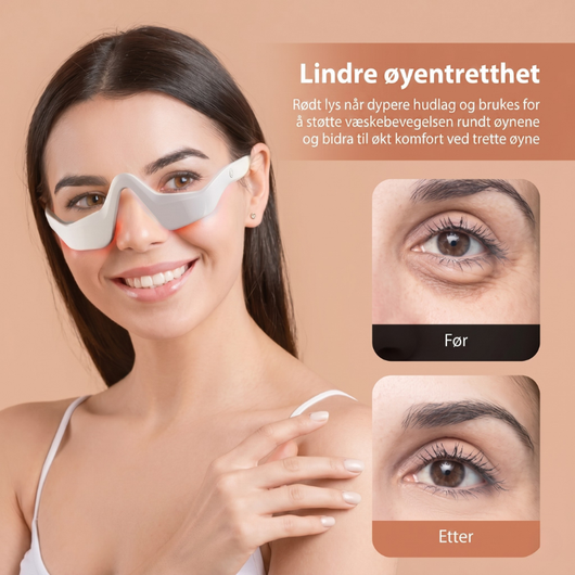InfraRelief™ øyemassasjeapparat med rødt lys aktivert – før- og etterbilder av øyeområdet, kvinne som bruker apparatet mot en beige bakgrunn