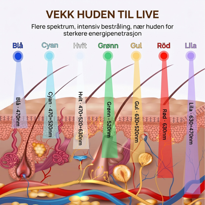 Infografikk: InfraRelief™ ansiktsmaske – 7 lysfarger og bølgelengder: blå 470 nm, cyan 470+520 nm, hvit 470+520+630 nm, grønn 520 nm, gul 630+520 nm, rød 630 nm, lilla 630+470 nm