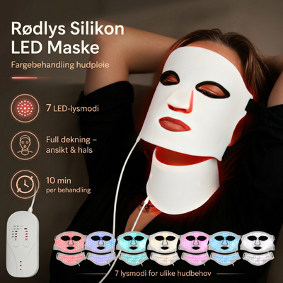 Kvinne med InfraRelief™ ansiktsmaske 2.0 i rødt lys-modus – viser 7 LED-lysmoduser, full dekning av ansikt og hals, samt 10 minutters behandlingstid