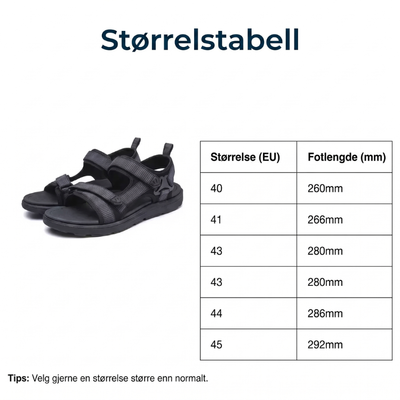 Størrelsestabell for støtdempende sandaler i størrelsene 40–45 (EU) med tilsvarende fotlengde i mm, med sandal i grå farge til venstre