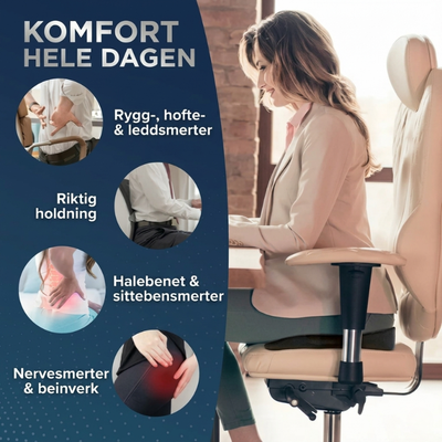 Infografikk med teksten «Komfort hele dagen» og illustrasjoner som viser rygg-, hofte- og leddsmerter, riktig holdning, halebenet og nervesmerter, med en kvinne som sitter komfortabelt på en kontorstol