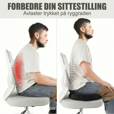 Sammenligningsbilde som viser en mann med og uten ergonomisk sittepute – uten pute vises en rød markering av belastning på ryggen, med pute sitter han oppreist med bedre holdning