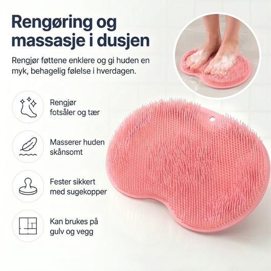 Rosa silikon-skrubbematte for dusjen. Rengjør fotsåler og tær, masserer huden skånsomt, fester sikkert med sugekopper og kan brukes på både gulv og vegg.