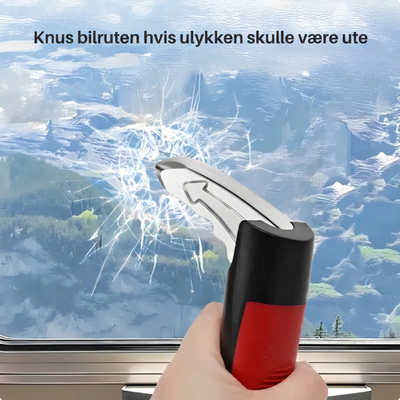 Bilhåndtak med overskriften "Knus bilruten hvis ulykken skulle inntreffe" – viser glassknuserfunksjonen mot en knust bilrute