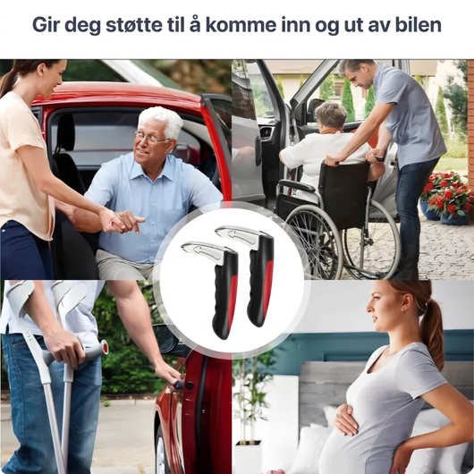 Kollasje med overskriften "Gir deg støtte til å komme inn og ut av bilen" – viser eldre personer, rullestol, krykker og gravid kvinne som får hjelp ved bilen