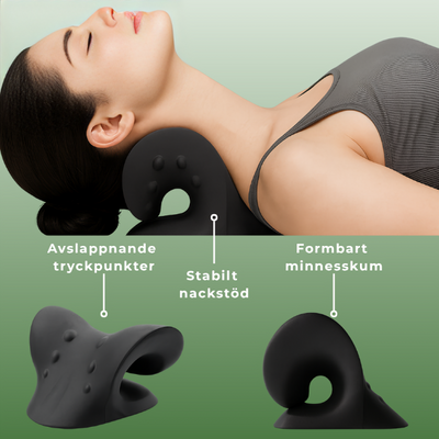 Kvinna använder nacksträckare med avslappnande tryckpunkter och formbart minnesskum som ger stabilt stöd och lindrar spända nackmuskler.