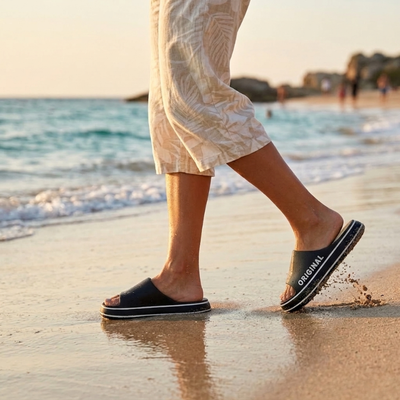 En person som går langs stranden ved solnedgang, iført mørkeblå badetøfler med «Original»-tekst, mens vannet spruter rundt føttene