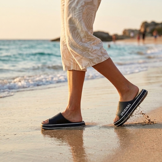 En person som går langs stranden ved solnedgang, iført mørkeblå badetøfler med «Original»-tekst, mens vannet spruter rundt føttene