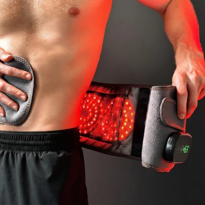 NordCura™ ThermaBelt varmebelte i grå neopren med rødt lys, vibrasjon og digitalt display – trådløst varmebelte mot ryggsmerter og problemer i korsryggen