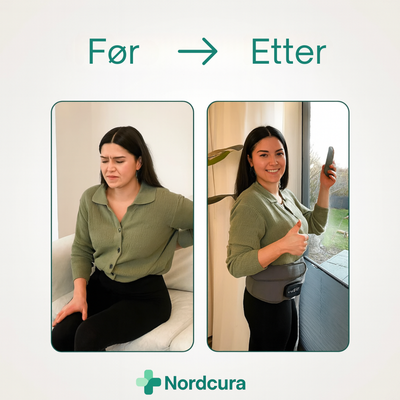 NordCura™ ThermaBelt varmebelte i grå neopren med rødt lys, vibrasjon og digitalt display – trådløst varmebelte mot ryggsmerter og problemer i korsryggen